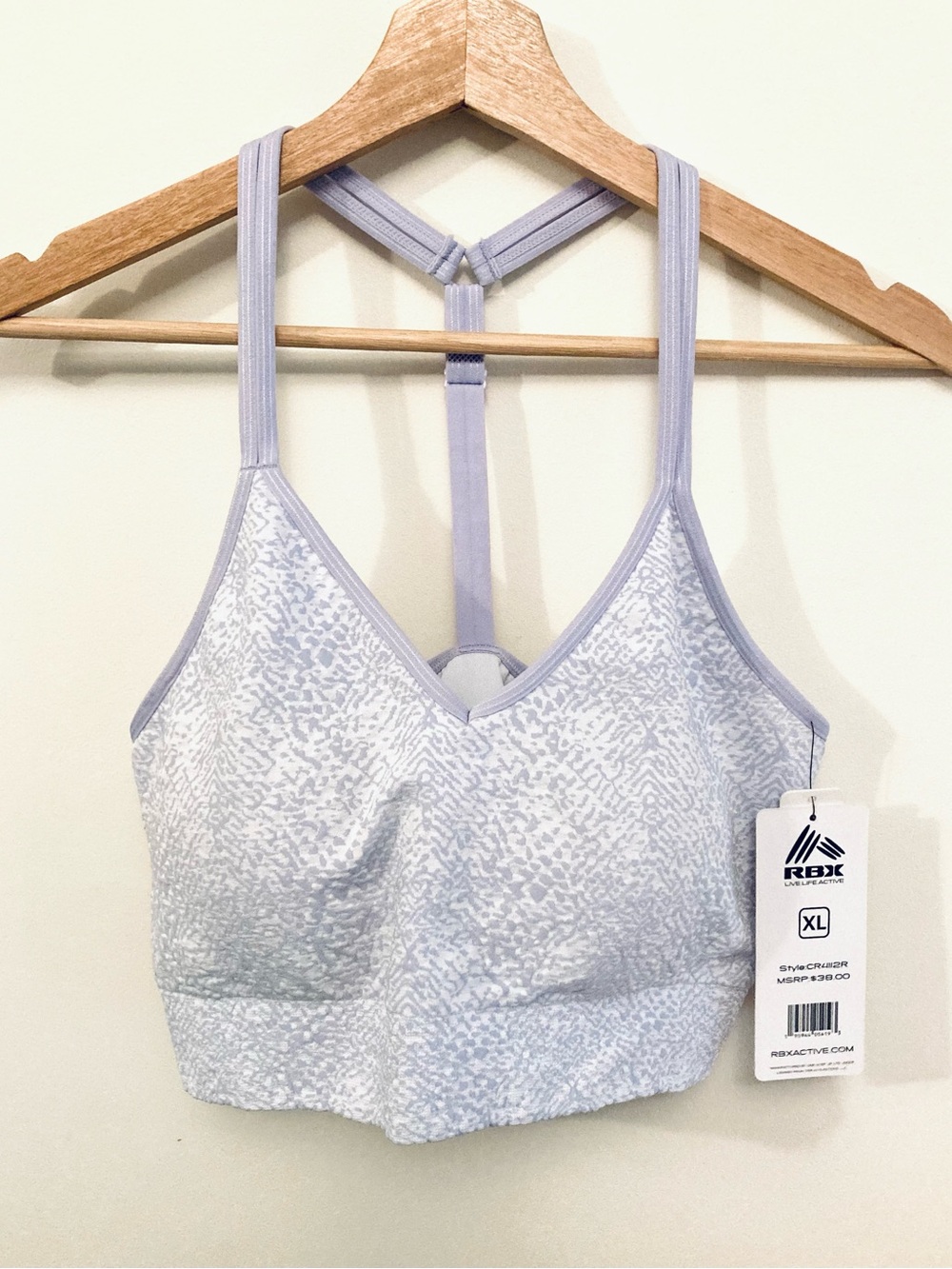 RBX Lavender T-Back Light Print Sports Bra NWTS Pastel Purple Bralette